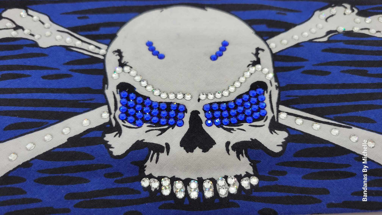 Blue Skull & Cross Bones with Blue and Diamond Clear Austrian Crystals (Sku1096)