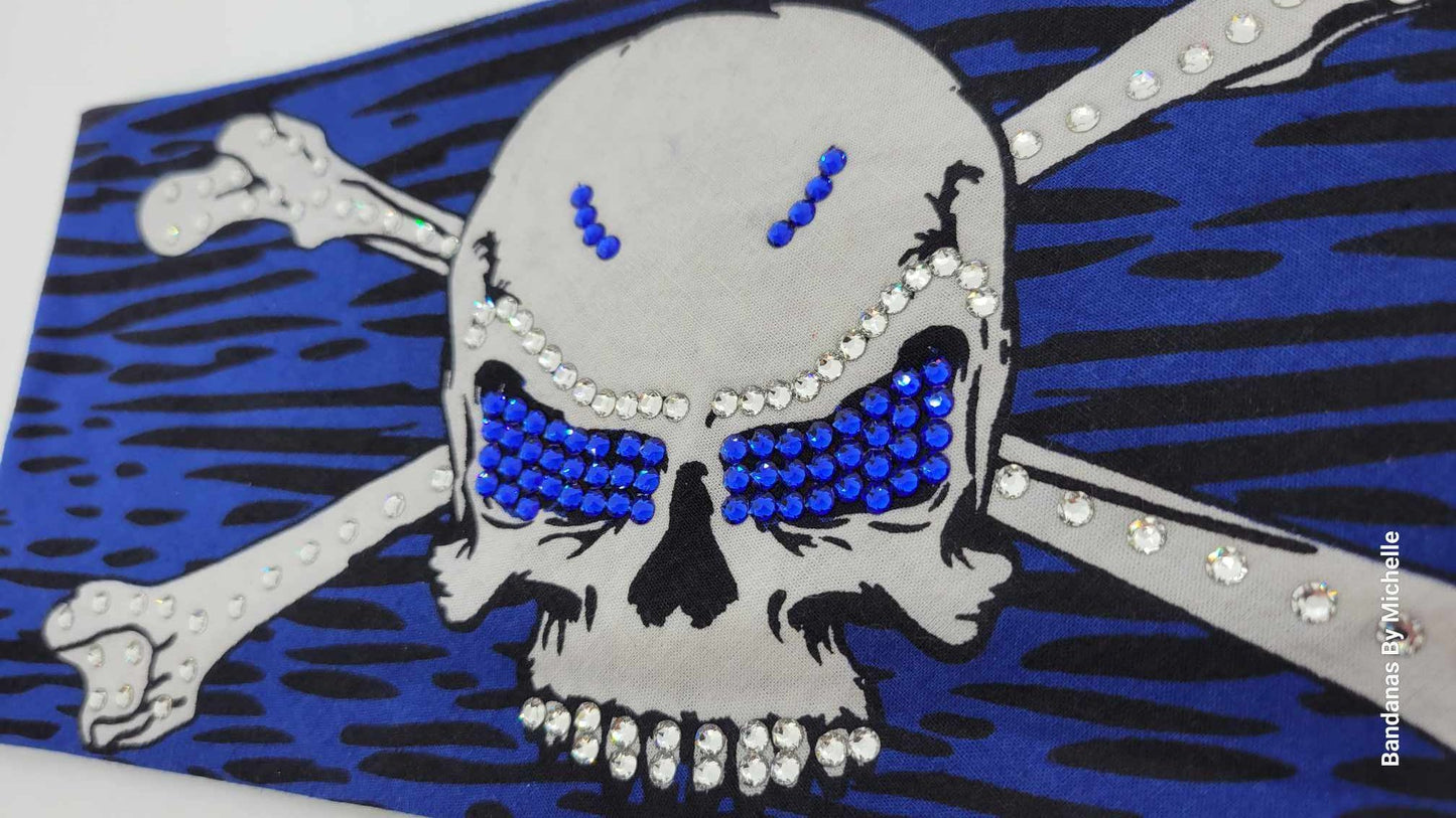 Blue Skull & Cross Bones with Blue and Diamond Clear Austrian Crystals (Sku1096)