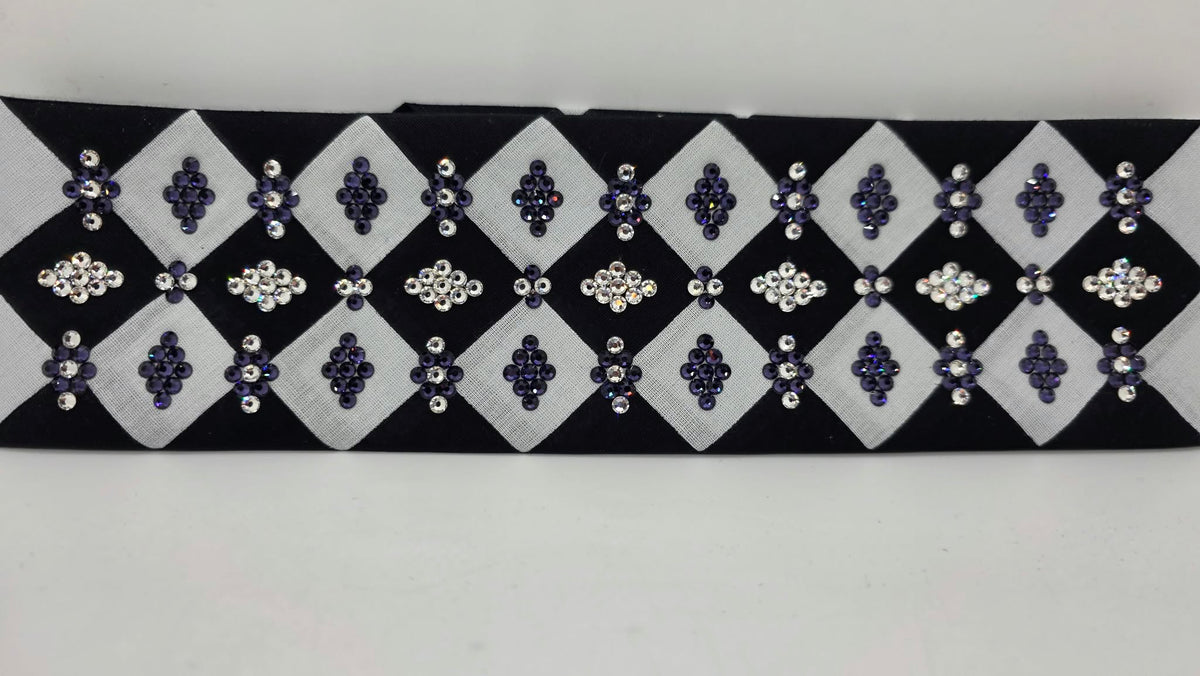 LeeAnnette Black and White Checker Bandana with Purple and Diamond Clear Austrian Crystals (L40289)