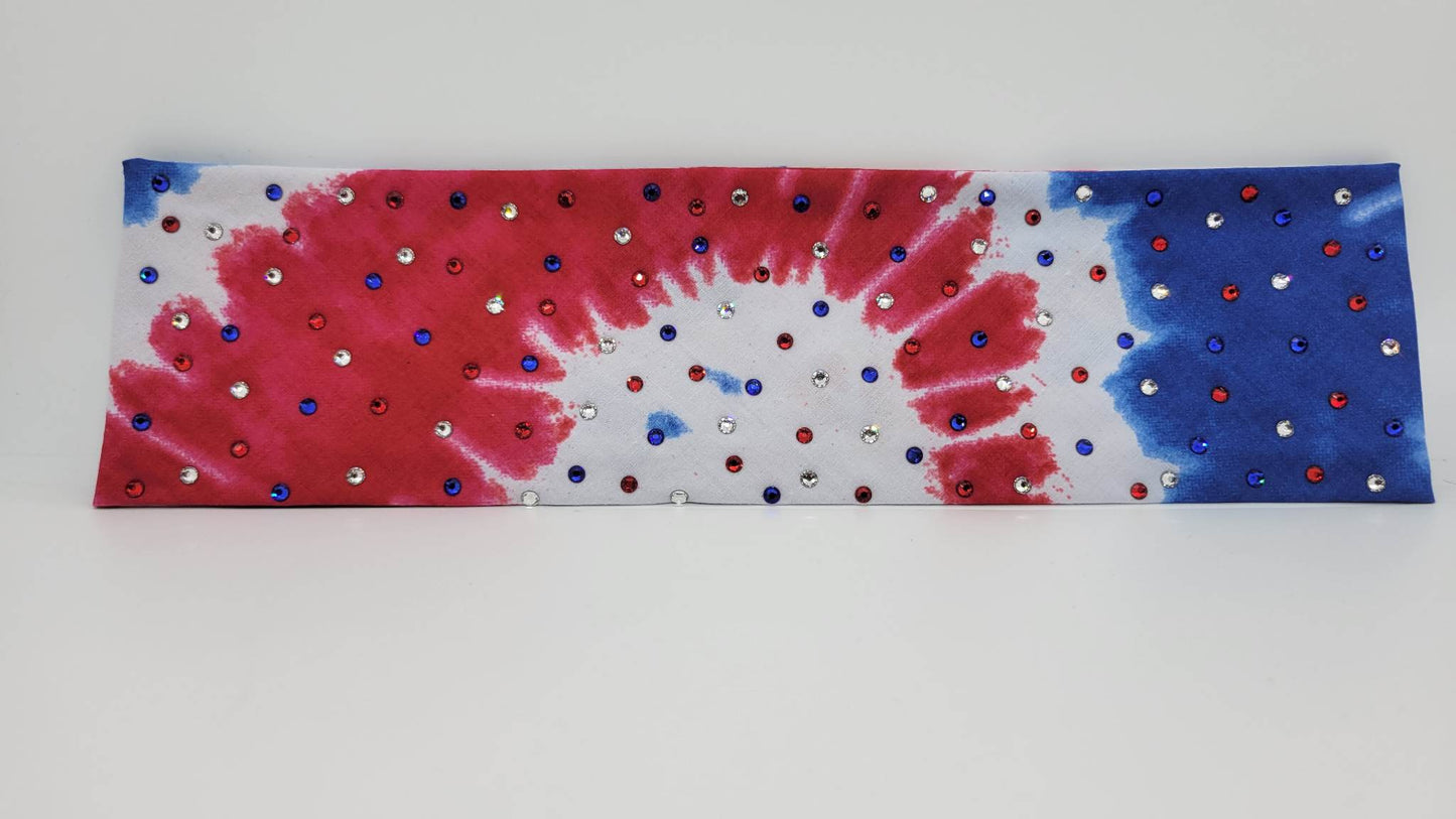 Red, White and Blue Tie-Dye with Red, Blue and Diamond Clear Austrian Crystals (Sku1160