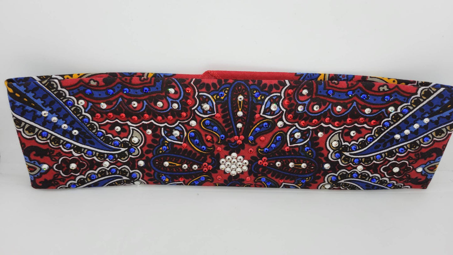 Red Indian Style Bandana with Red, Blue and Diamond Clear Austrian Crystals (Sku1203)