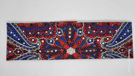 Red Indian Style Bandana with Red, Blue and Diamond Clear Austrian Crystals (Sku1203)