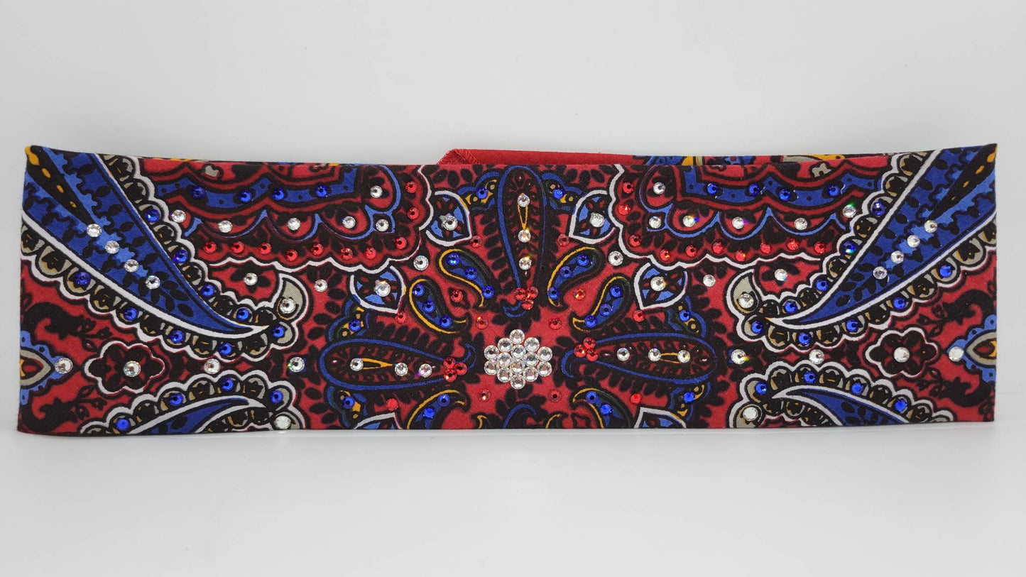 Red Indian Style Bandana with Red, Blue and Diamond Clear Austrian Crystals (Sku1203)
