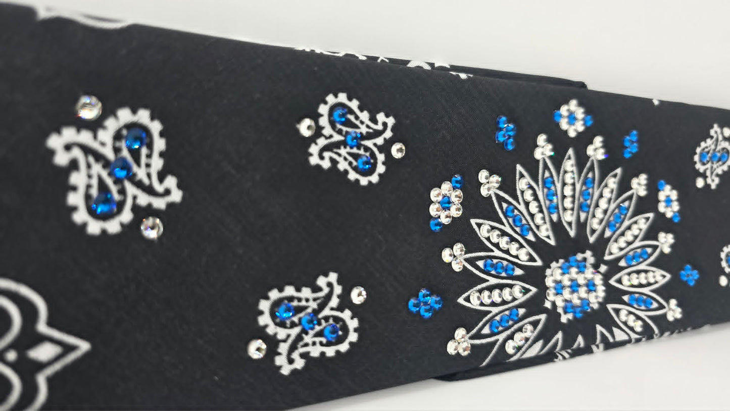 Black Paisley Bandana with Capri Blue and Diamond Clear Austrian Crystals (E60142)
