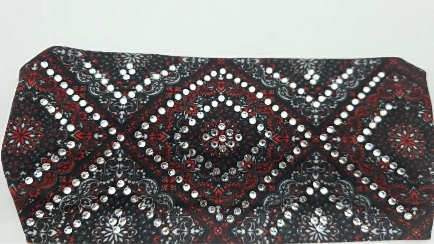 Stretchy Headband Red and Grey Paisley with Clear Crystals (Sku5479)