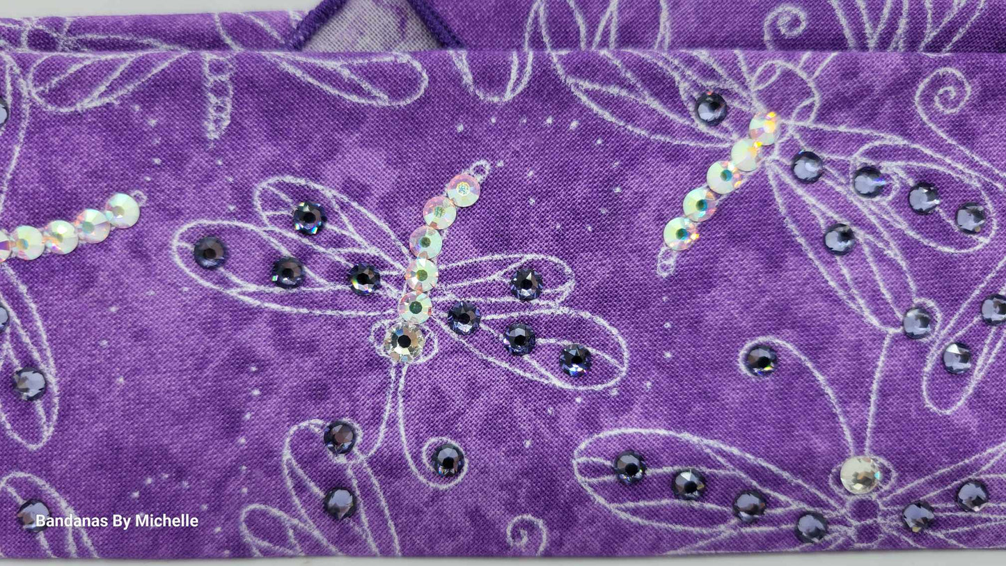 Narrow Purple Dragonfly Bandana with Purple and Aurora Borealis Austrian Crystals (Sku1261)