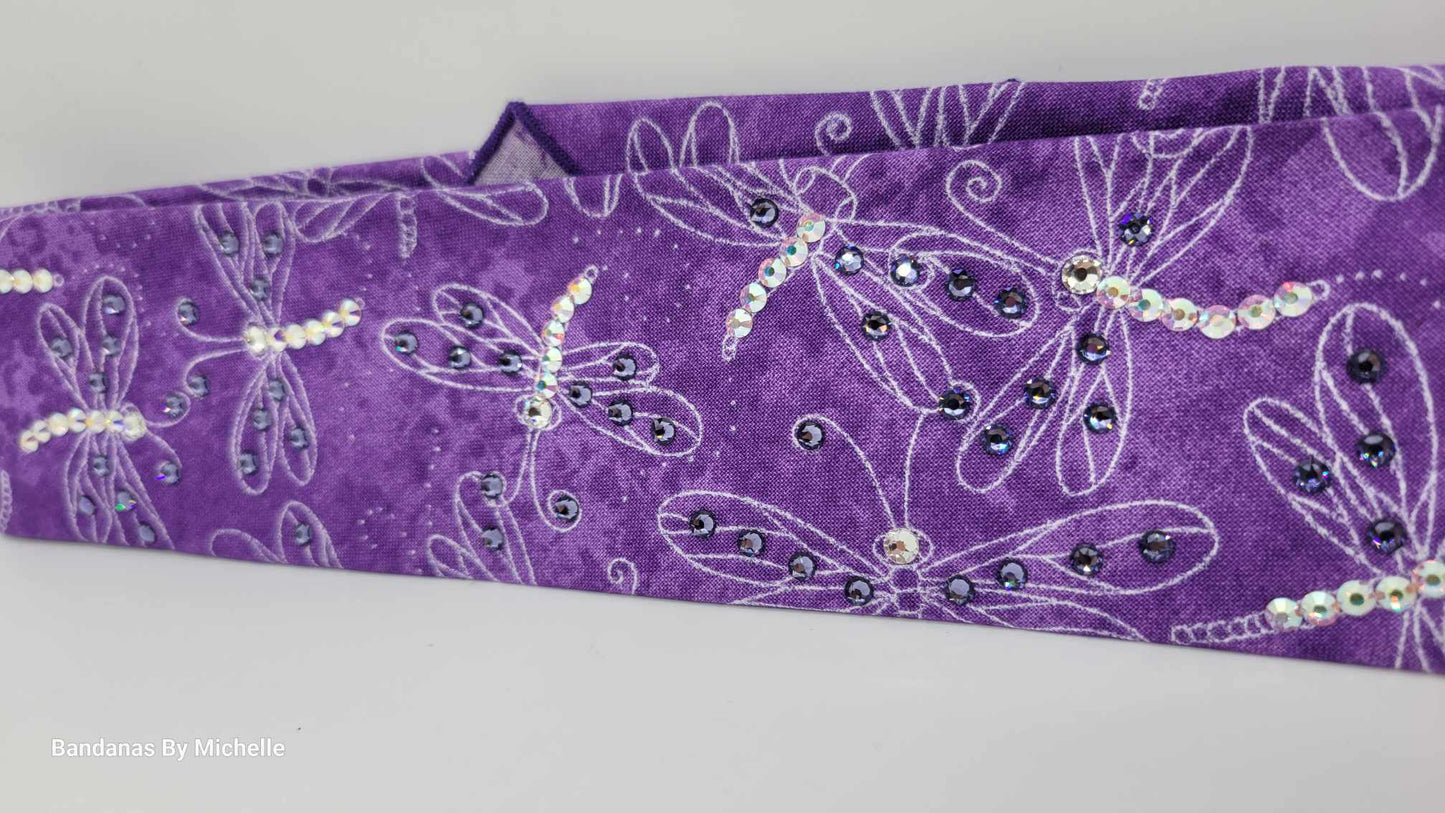 Narrow Purple Dragonfly Bandana with Purple and Aurora Borealis Austrian Crystals (Sku1261)