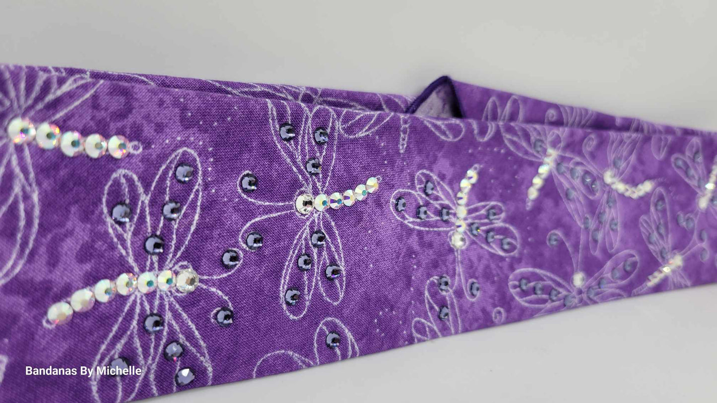 Narrow Purple Dragonfly Bandana with Purple and Aurora Borealis Austrian Crystals (Sku1261)