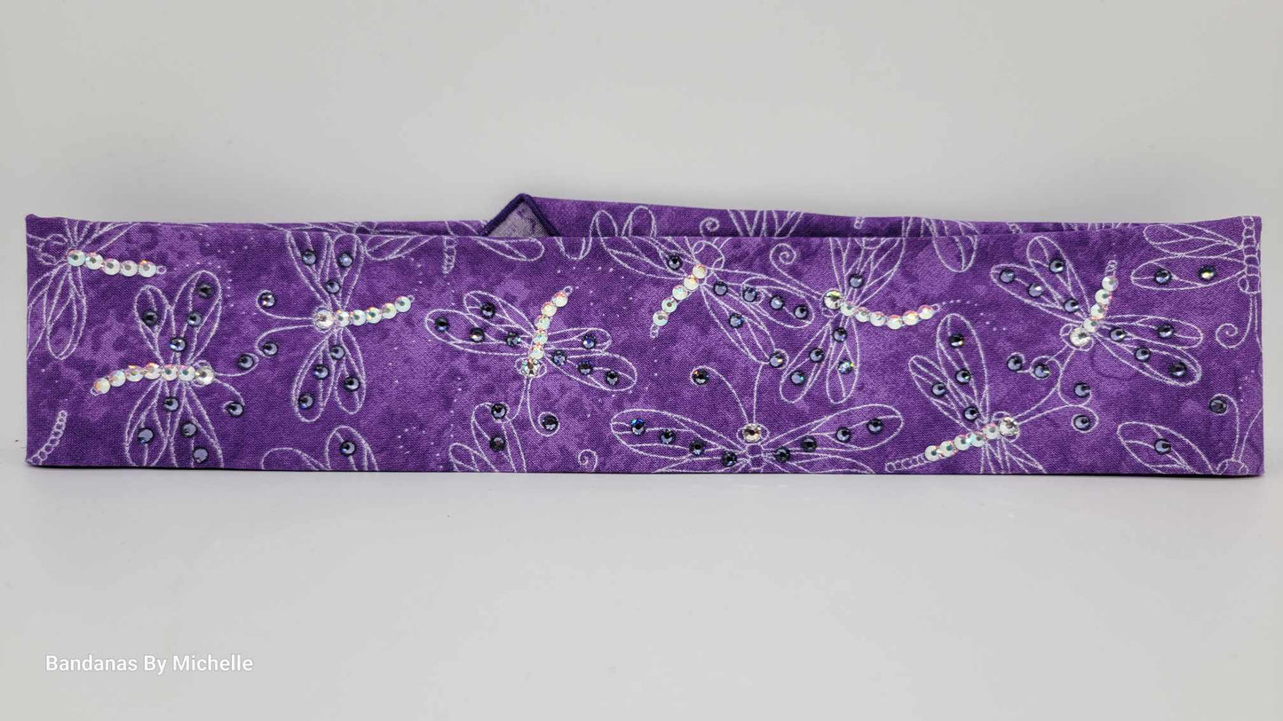 Narrow Purple Dragonfly Bandana with Purple and Aurora Borealis Austrian Crystals (Sku1261)