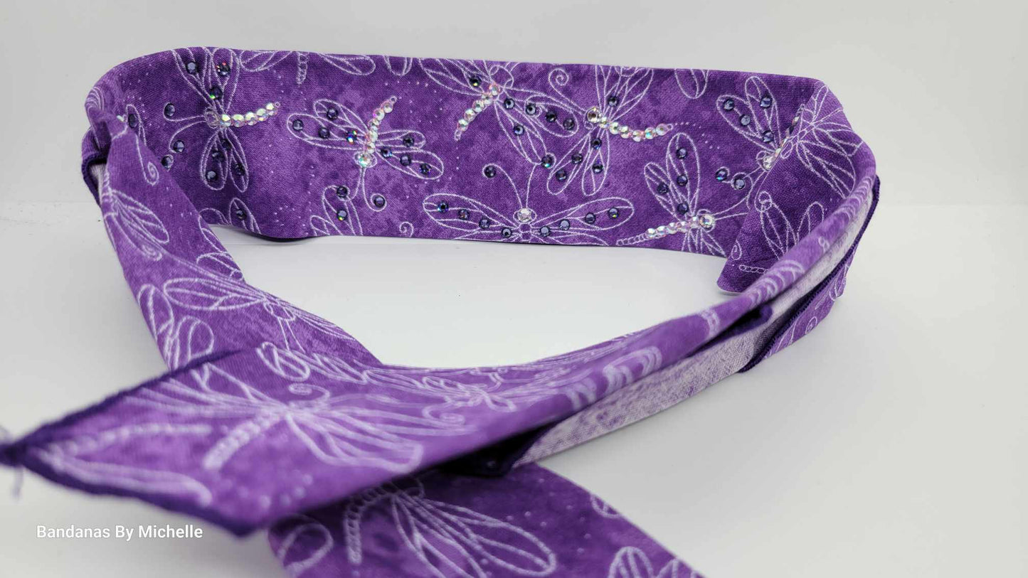 Narrow Purple Dragonfly Bandana with Purple and Aurora Borealis Austrian Crystals (Sku1261)