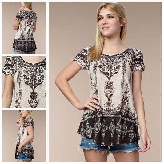 Taupe and Brown Short Sleeve with Rhinestones