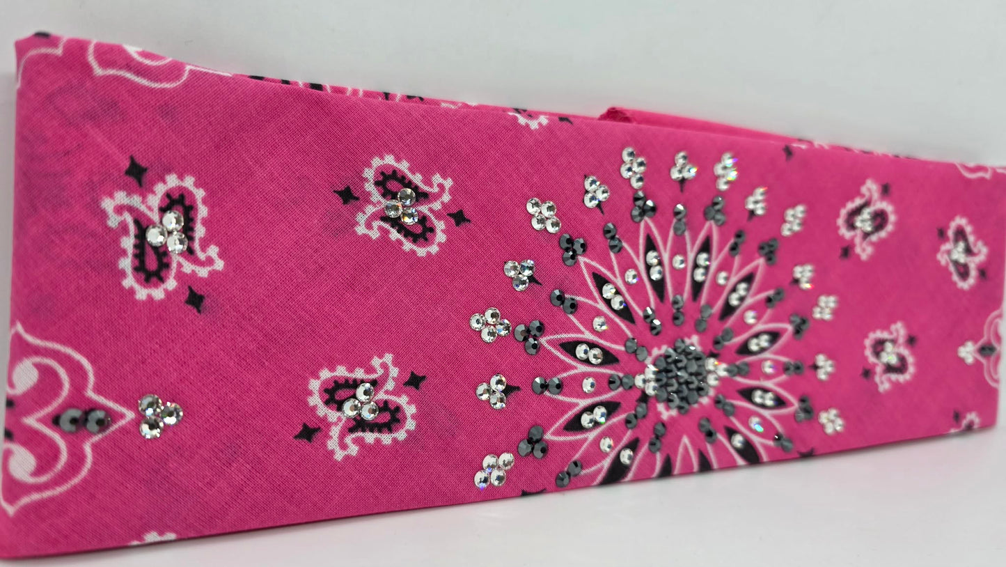 Pink Paisley Bandana with Black and Diamond Clear Austrian Crystals (E60132)
