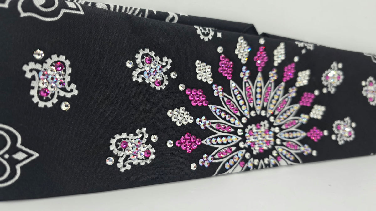 LeeAnnette Black Paisley Bandana with Fuchsia Shimmer, Fuchsia and Diamond Clear Austrian Crystals (L40292)