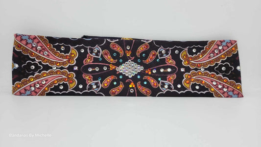 Narrow Coral Indian Bandana with Orange, Turquoise and Diamond Clear Austrian Crystals (Sku1411)