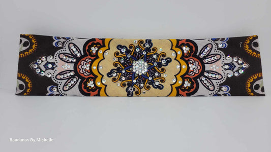 Narrow Brown and Orange Indian Bandana with Diamond Clear Austrian Crystals (Sku1437)