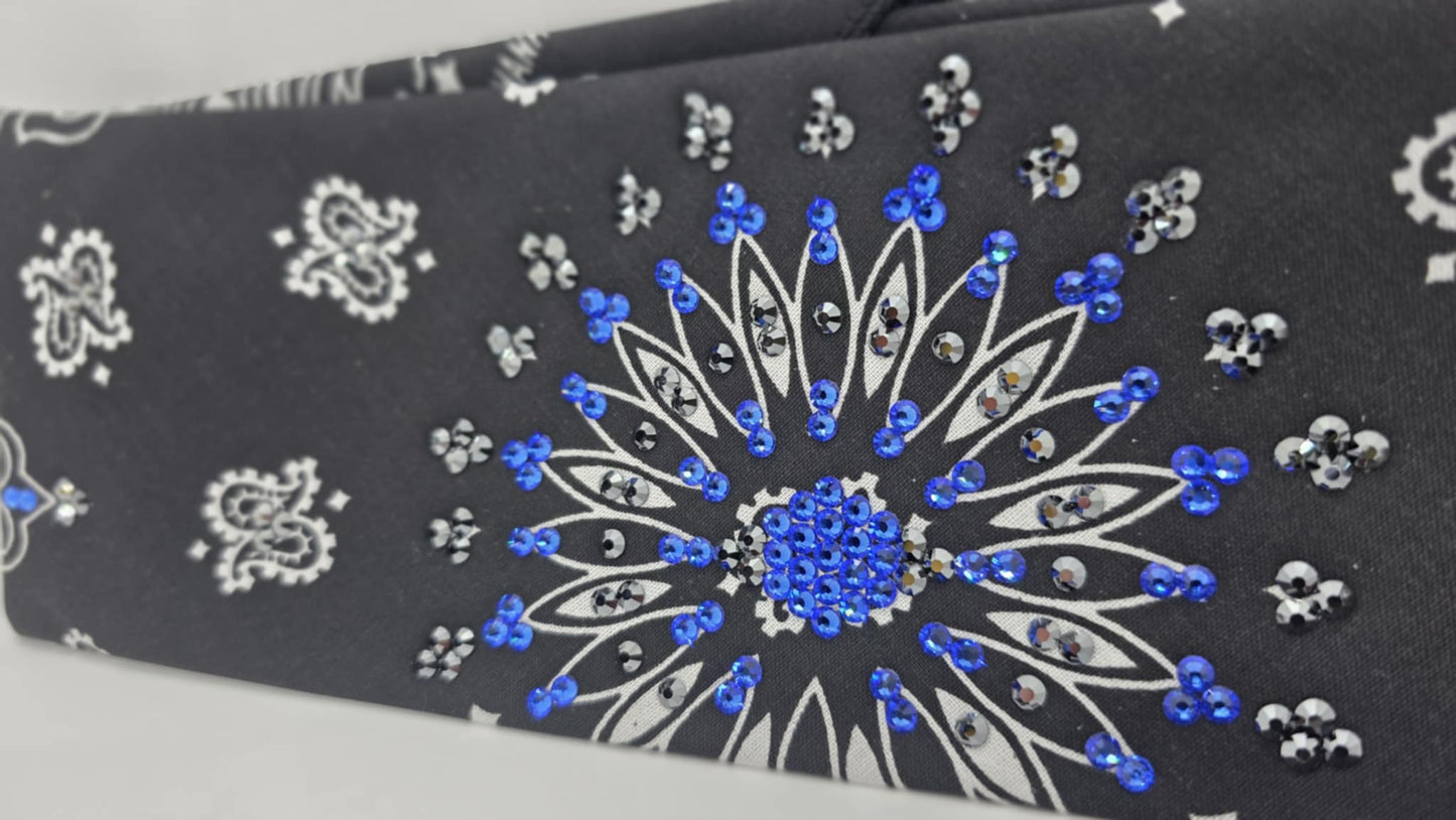 EXTRA BLING - Black Paisley Bandana with Blue and Black Austrian Crystals (sku6383)