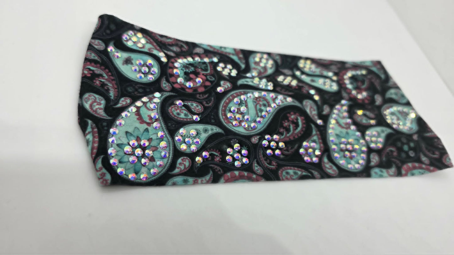 Stretchy Headband Sea Green Paisley with Aurora Borealis Crystals (Sku5476)