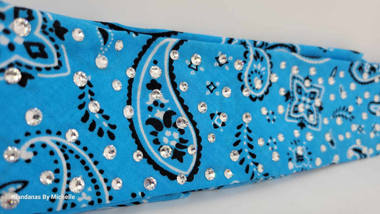 Narrow Baby Blue Scatter Paisley Bandana with Diamond Clear Austrian Crystals (Sku1456)