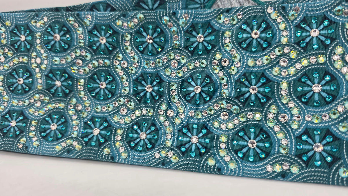 Super LeeAnnette Teal Flower Bandana with Bright Blue, Peridot Shimmer and Clear Austrian Crystals (S48197)