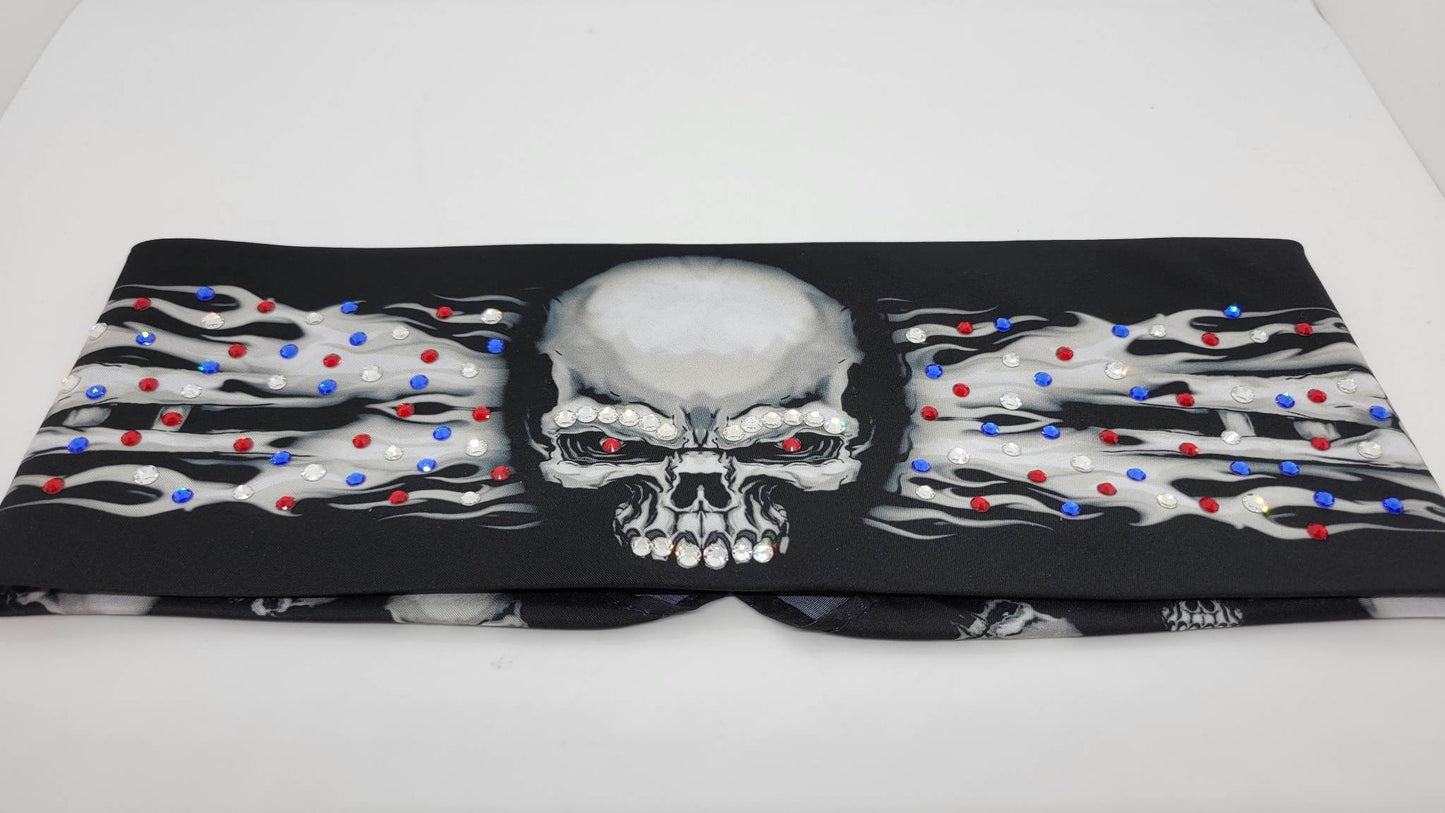 Flame Skull Bandana with Red, Blue and Diamond Clear Austrian Crystals (Sku1518)