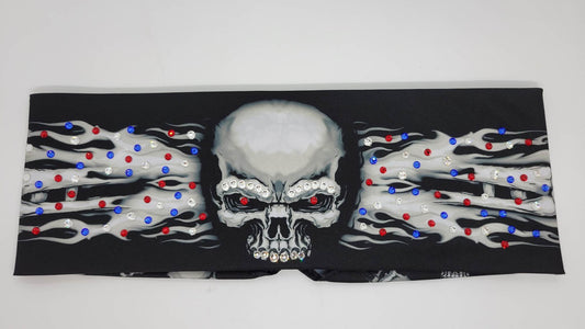 Flame Skull Bandana with Red, Blue and Diamond Clear Austrian Crystals (Sku1518)