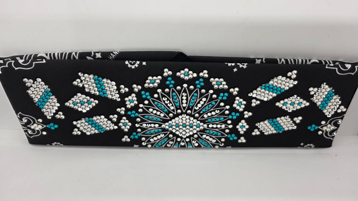 Super LeeAnnette Black Paisley Bandana with Chrome, Bright Blue and Diamond Clear Austrian Crystals (S48114)