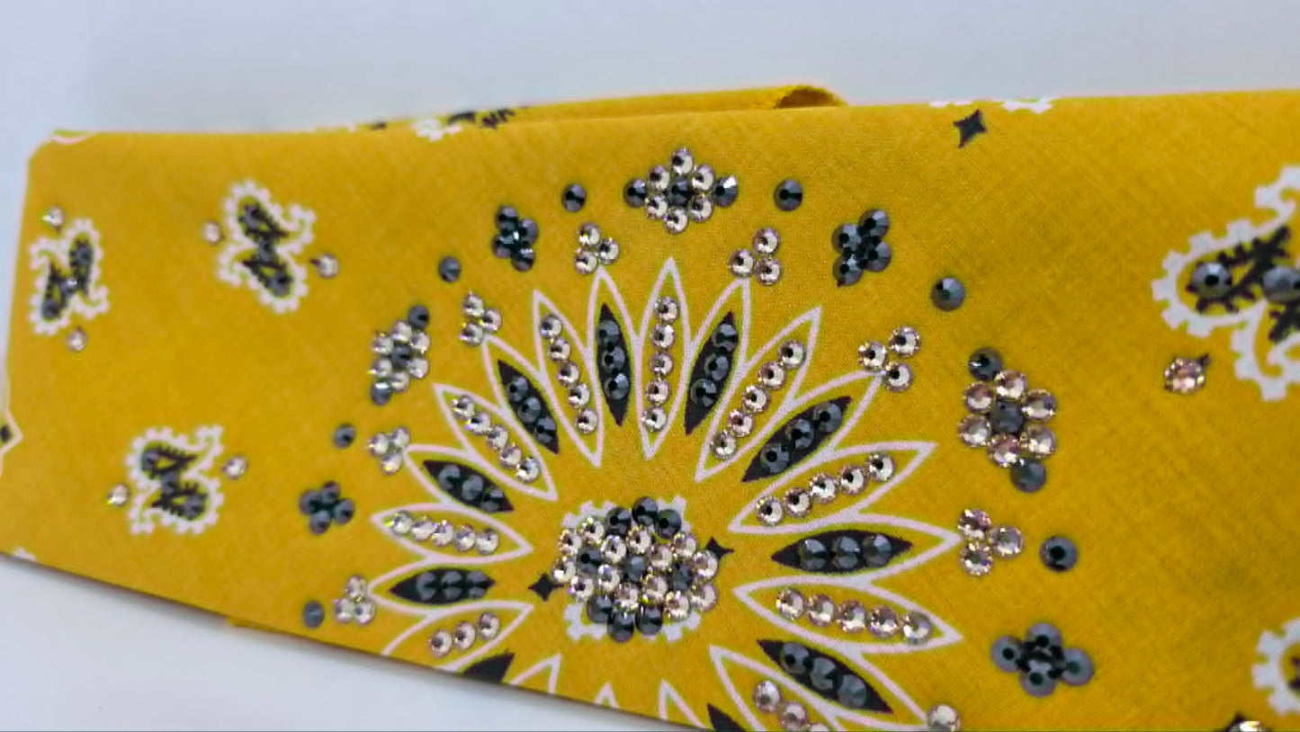 Mustard Paisley Bandana with Black and Honey Austrian Crystals (E60146)
