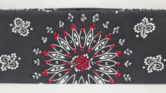 EXTRA BLING - Black Paisley Bandana with Red and Black Austrian Crystals (sku6382)