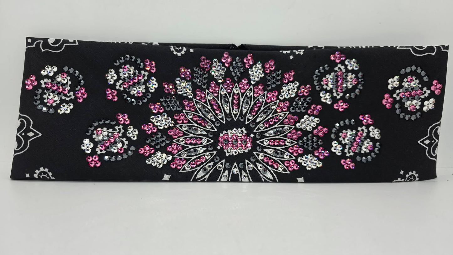 Super LeeAnnette Black Paisley Bandana with Rose, Black and Diamond Clear Austrian Crystals (S48183)