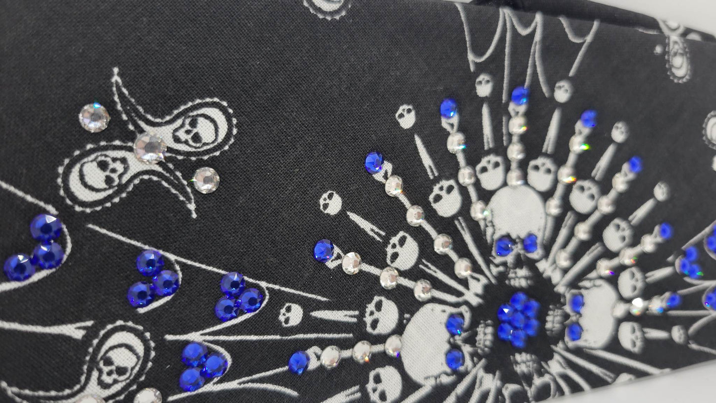 Spider Web Skull Bandana with Blue and Diamond Clear Austrian Crystals (Sku1650)