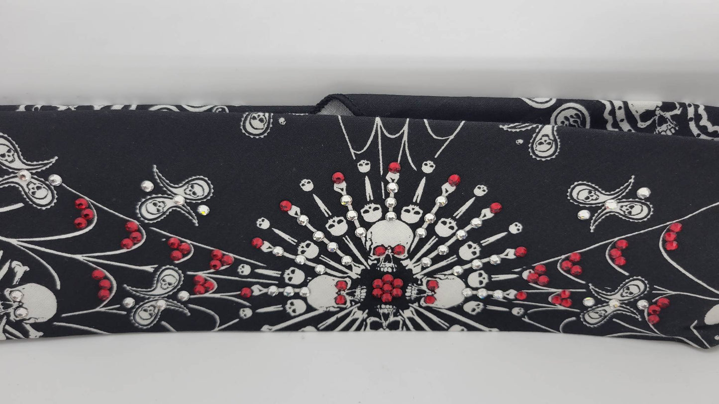 Spider Web Skull Bandana with Red and Diamond Clear Austrian Crystals (Sku1651)