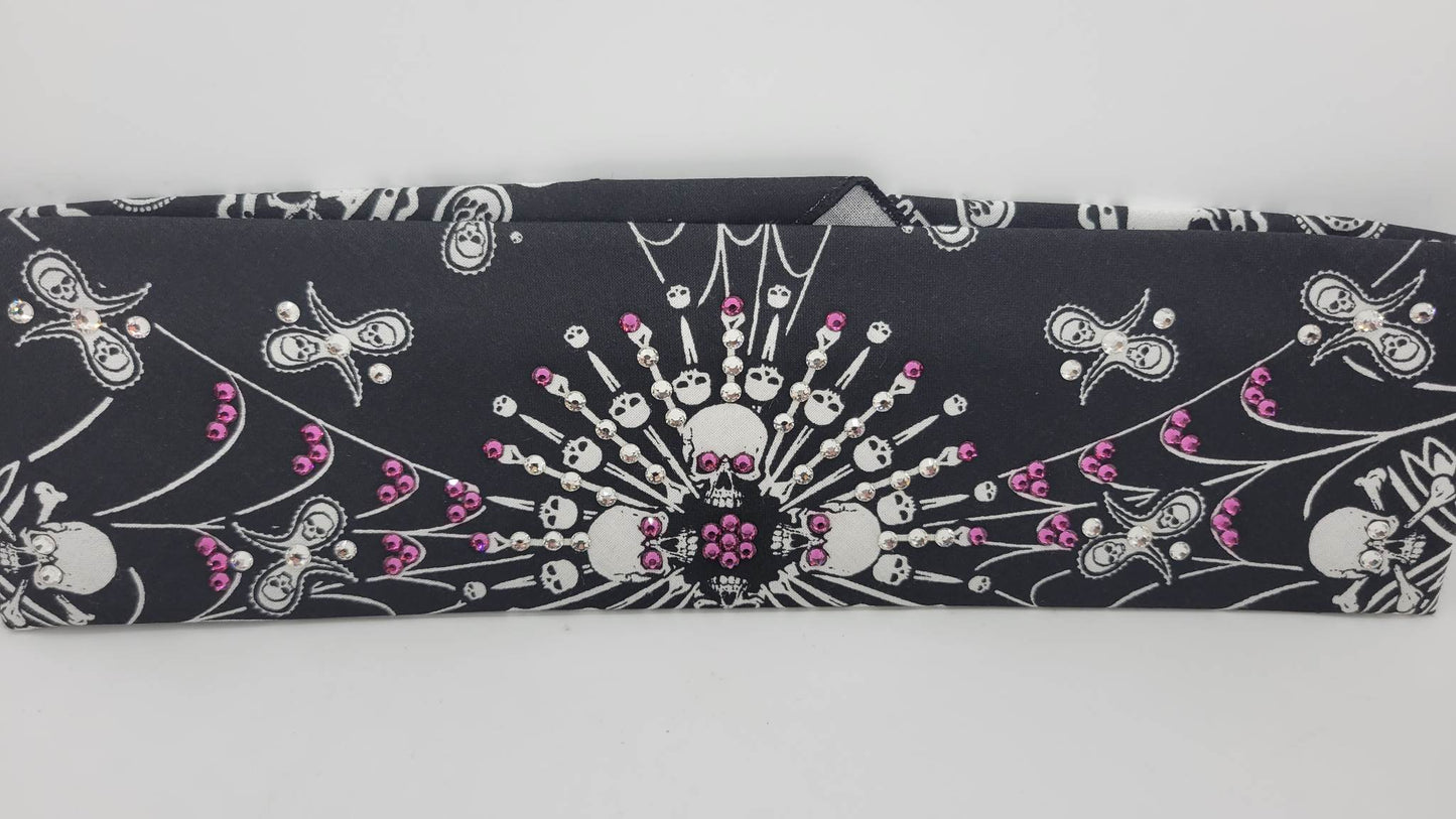 Spider Web Skull Bandana with Fuchsia and Diamond Clear Austrian Crystals (Sku1654)