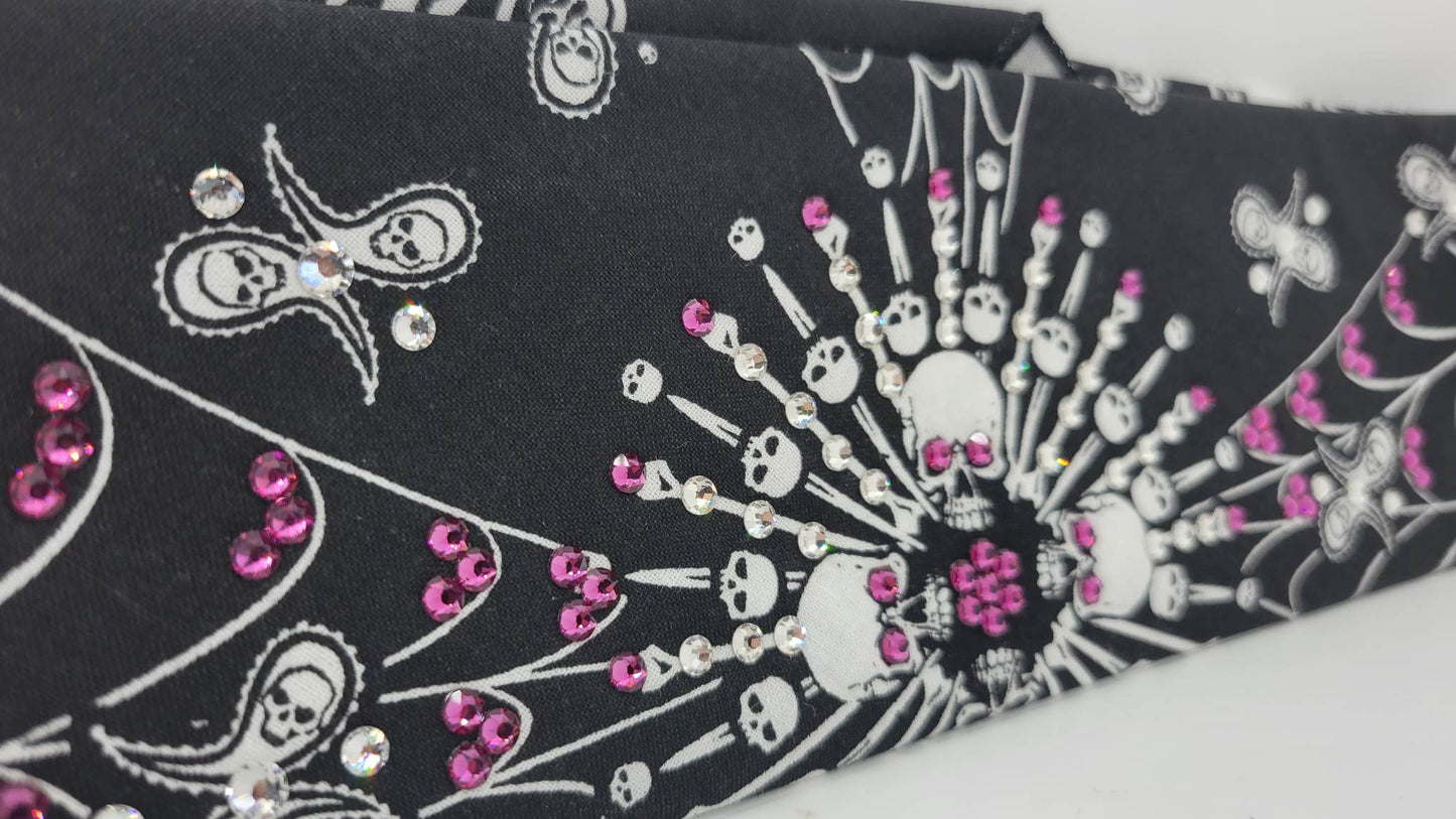 Spider Web Skull Bandana with Fuchsia and Diamond Clear Austrian Crystals (Sku1654)