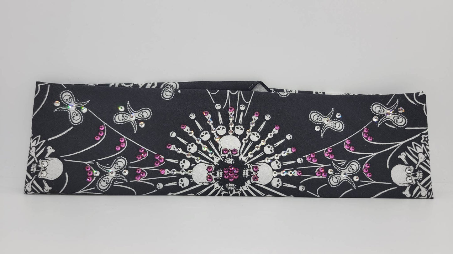 Spider Web Skull Bandana with Fuchsia and Diamond Clear Austrian Crystals (Sku1654)