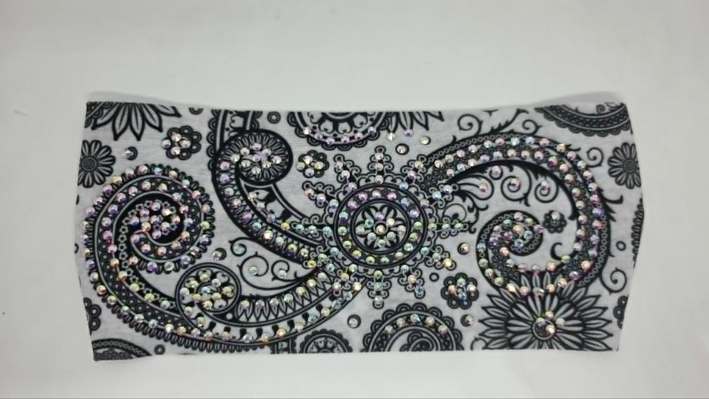 Stretchy Headband White Spiral with Aurora Borealis Crystals (Sku5470)