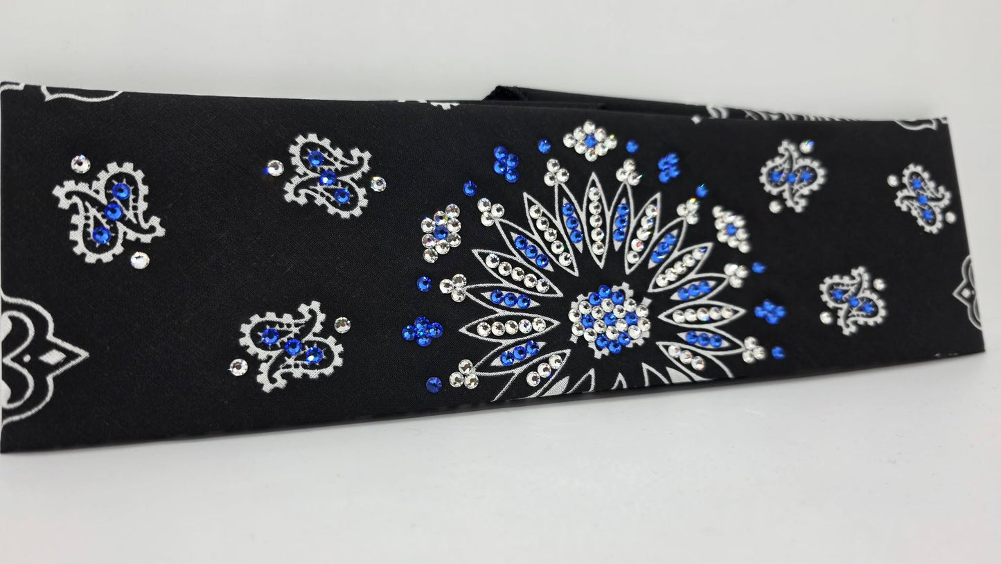 Black Paisley Bandana with Sapphire and Diamond Clear Austrian Crystals (E60140)