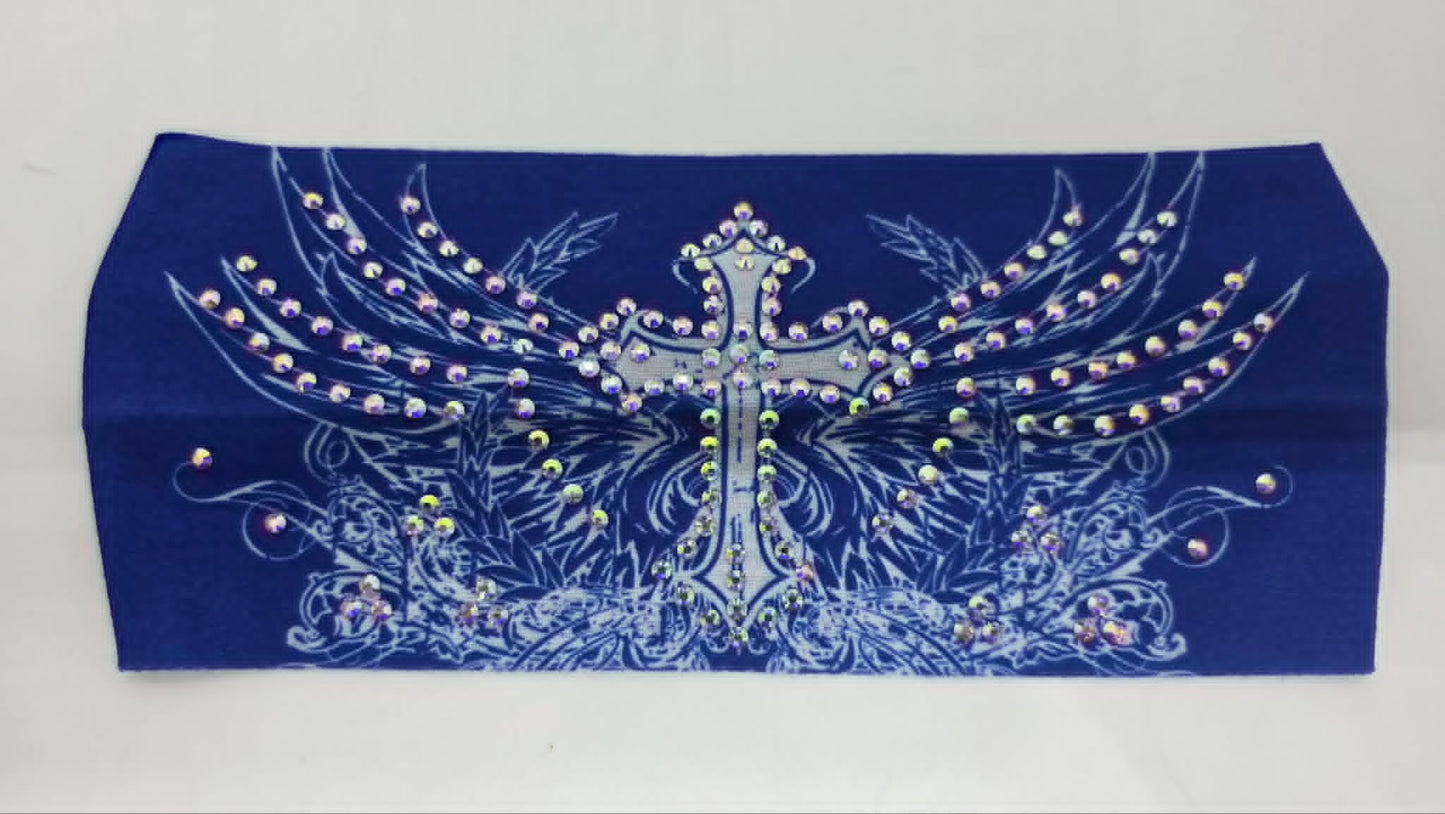 Stretchy Headband Cross and Wings on Blue with Aurora Borealis Crystals (Sku5471)