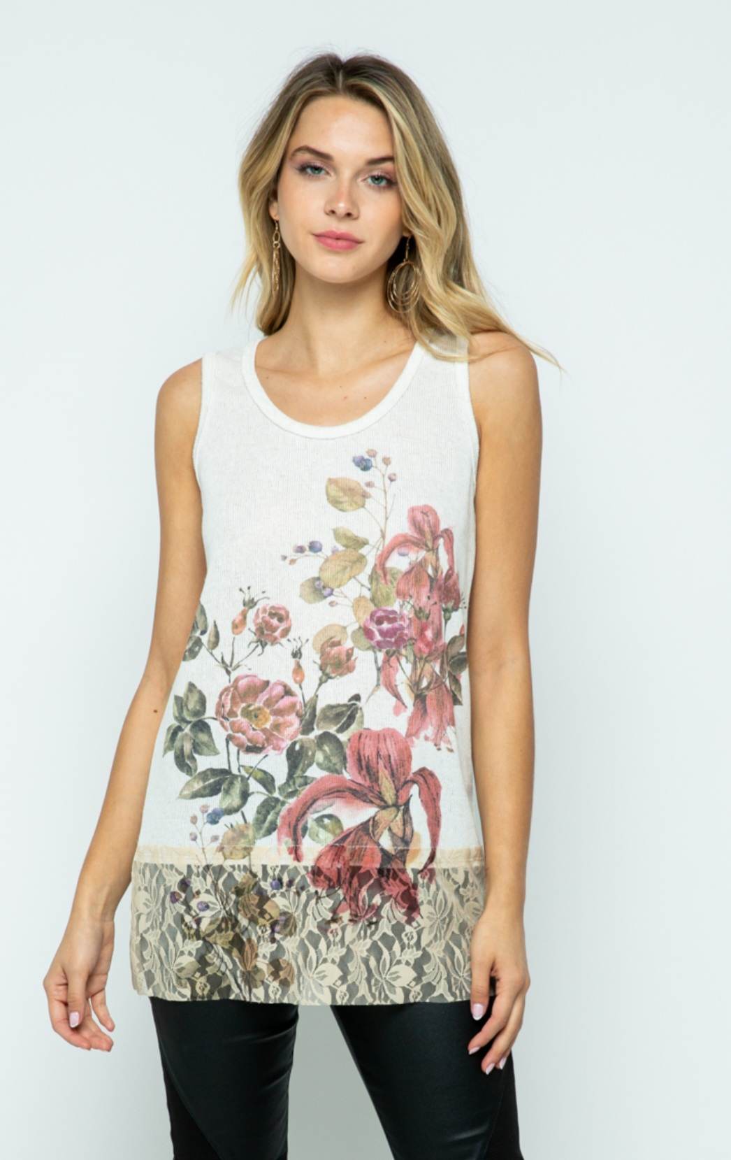 Floral Off-White Tank with Lace