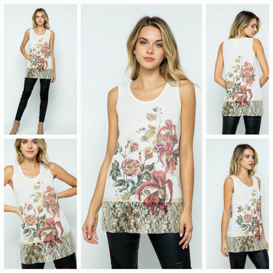 Floral Off-White Tank with Lace