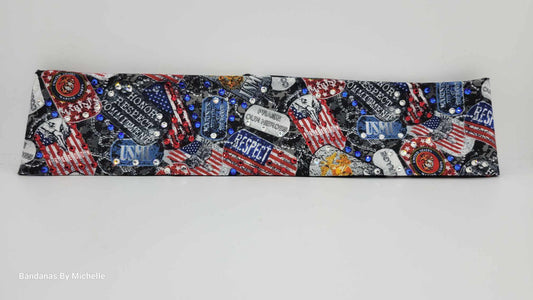 Narrow Marine Corp Bandana with Red, Blue and Diamond Austrian Crystals (Sku1885)