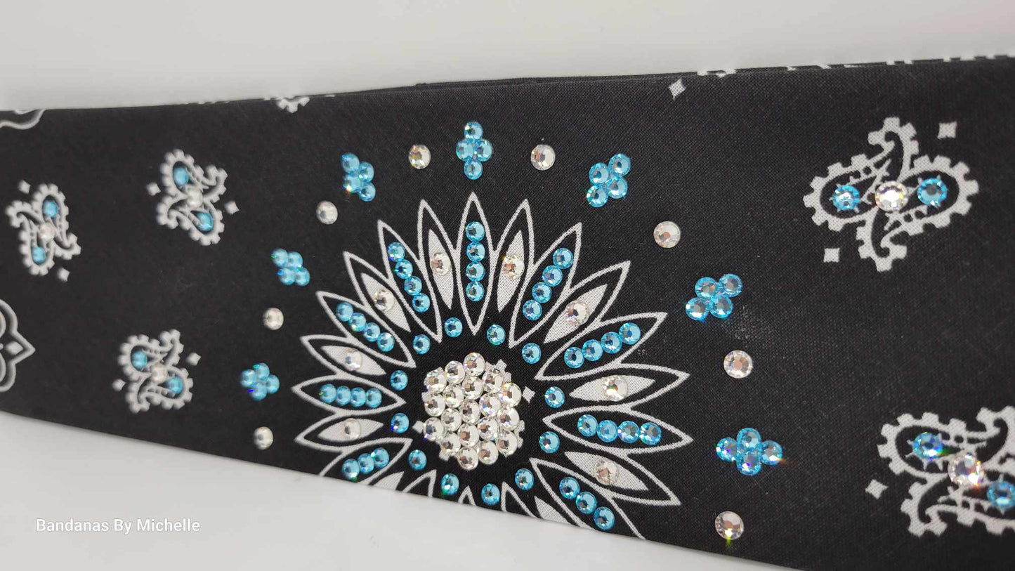 Black Paisley with Turquoise and Diamond Clear Austrian Crystals (Sku1902)