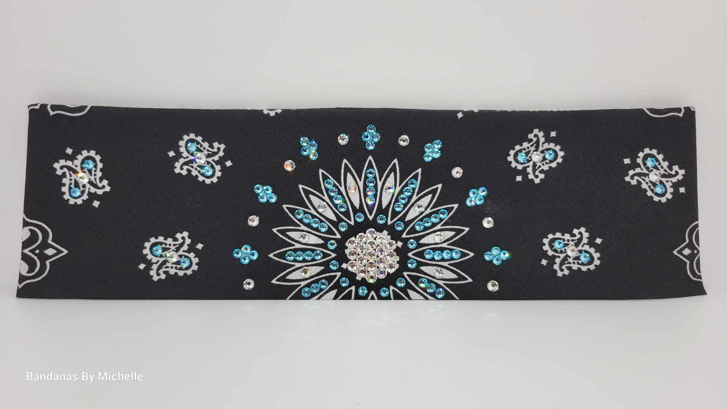 Black Paisley with Turquoise and Diamond Clear Austrian Crystals (Sku1902)