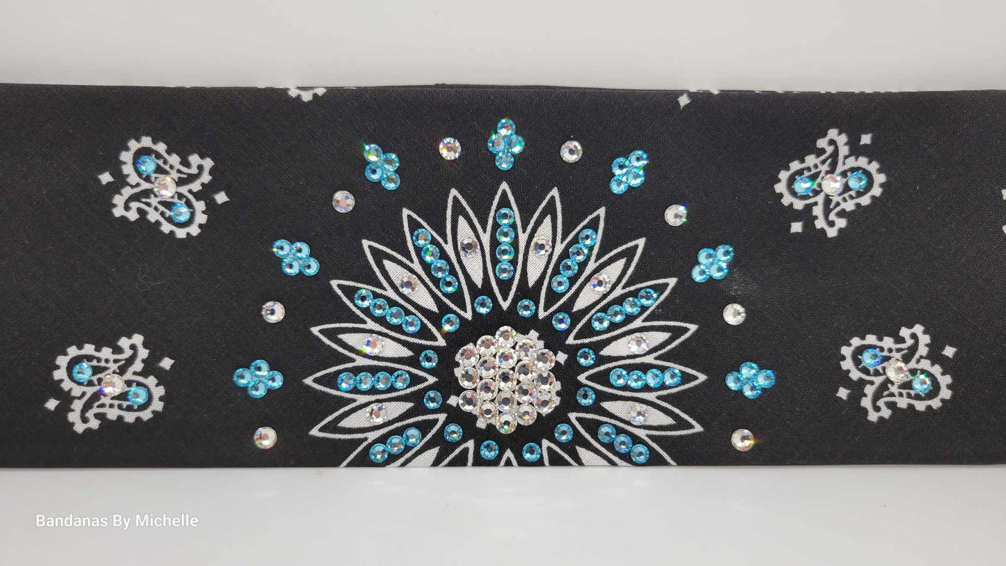 Black Paisley with Turquoise and Diamond Clear Austrian Crystals (Sku1902)