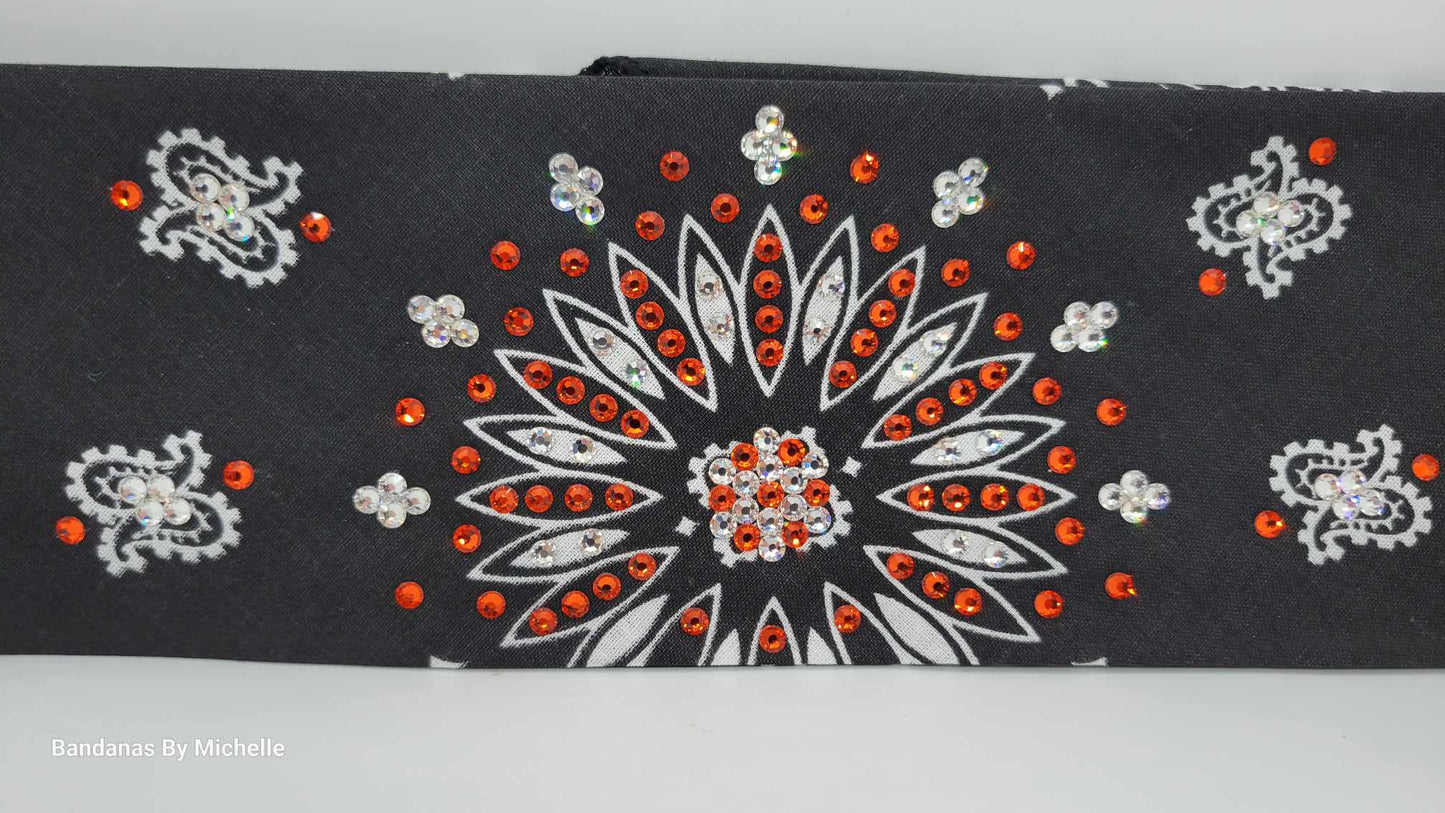 Black Paisley with Orange and Diamond Clear Austrian Crystals (Sku1907)