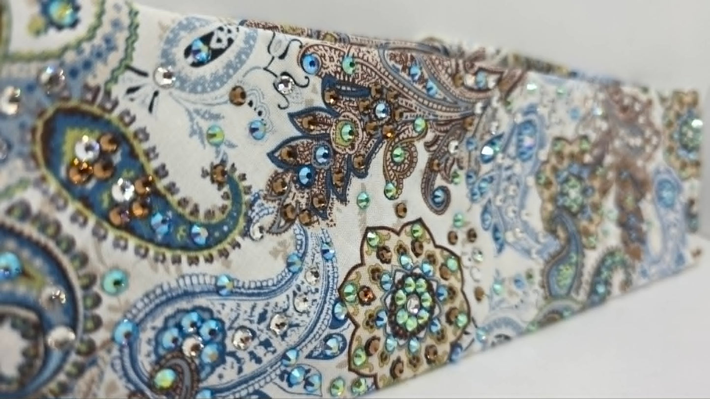 LeeAnnette Blue Flowers Bandana with Peridot Shimmer, Blue Shimmer, Brown and Diamond Clear Austrian Crystals (L40264)