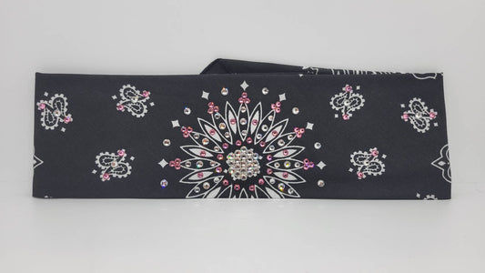 Black Paisley Bandana with Light Pink and Diamond Clear Austrian Crystals (Sku1914)