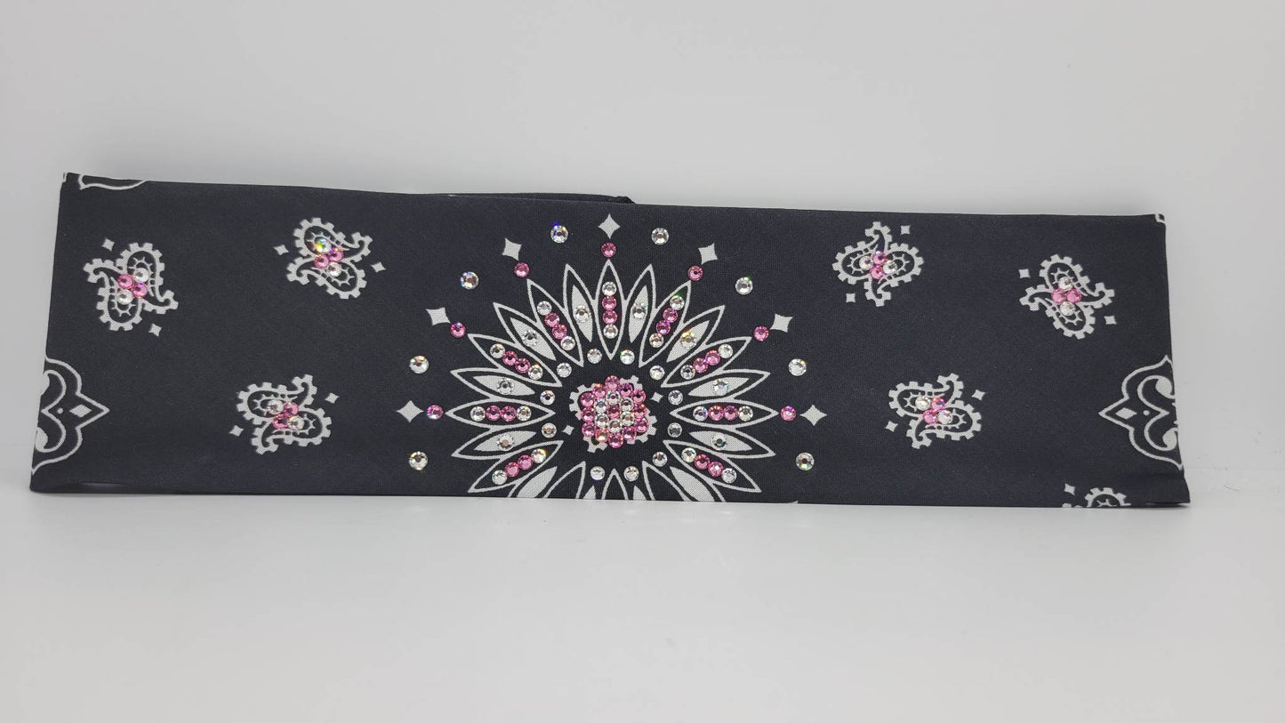 Black Paisley with Light Pink and Diamond Clear Austrian Crystals (Sku1931)