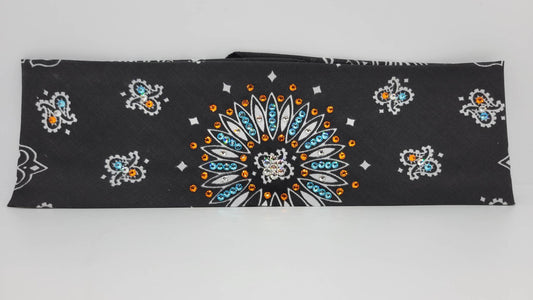 Black Paisley with Aqua, Orange and Diamond Clear Austrian Crystals (Sku1949)