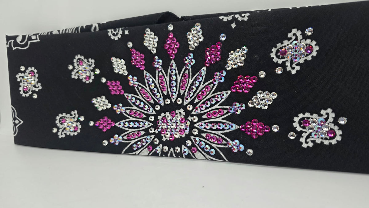 LeeAnnette Black Paisley Bandana with Fuchsia Shimmer, Fuchsia and Diamond Clear Austrian Crystals (L40292)