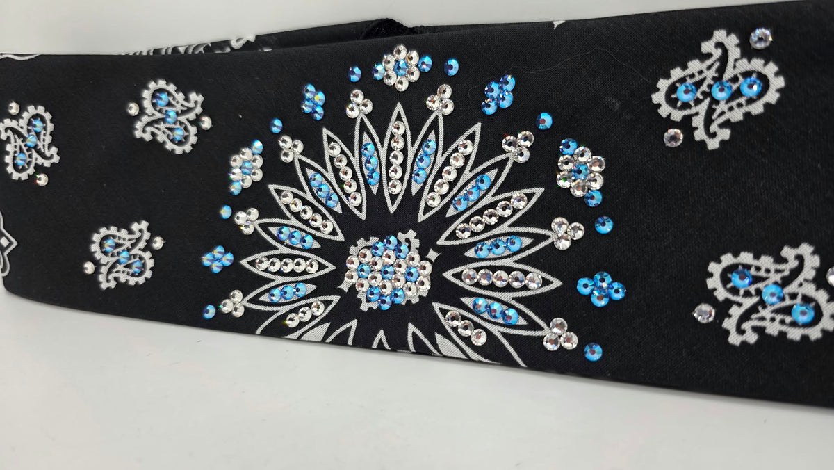 Black Paisley Bandana with Blue Shimmer and Diamond Clear Austrian Crystals (E60169)